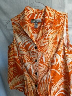 Caribbean Joe Petite Orange Tropical Palm Print Sleeveless Button Up Blouse PS